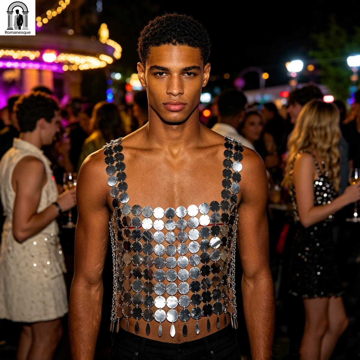 Body Jewelry Vest - เสื้อกั๊กแฟชั่นผู้ชายประดับโซ่ดิสก์วิบวับ ปรับได้ ใช้เป็นเครื่องประดับร่างกาย เหมาะสำหรับงานปาร์ตี้ บาร์ การแสดงบนเวที