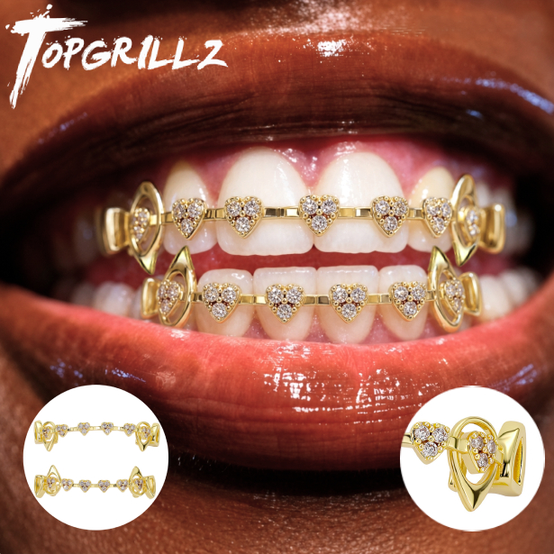 Body Jewelry Men - TOPGRILLZ ชุดกริลล์ฟันรูปหัวใจแบบกลวง ประดับเพชร CZ แบบไมโครเพฟ สำหรับฟันบนและฟันล่าง