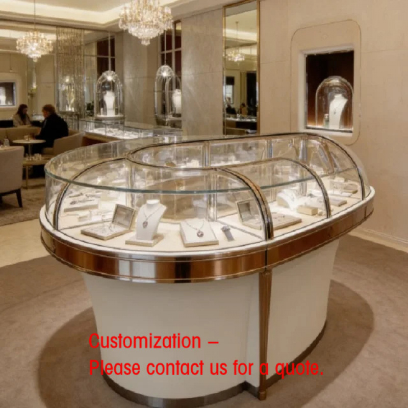 Body Jewelry Mall - เคาน์เตอร์โชว์เครื่องประดับทรงโดมโค้งหรูหราแบบสั่งทำ | ตัวถังสีขาว แต่งขอบสีทอง | ตู้โชว์กระจกโค้ง