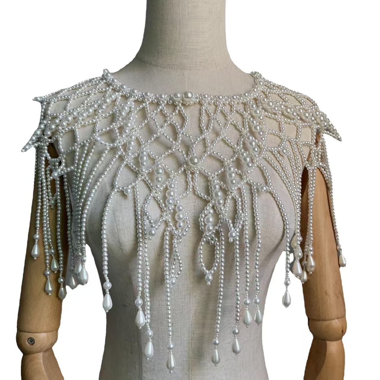 Body Jewelry Vest - เสื้อคลุมประดับลูกปัดสไตล์วิคตอเรียน พร้อมชายครุยรูปหยดน้ำสุดหรู ผ้าคลุมไหล่ตาข่าย คอเสื้อแบบตาข่าย เครื่องประดับเจ้าสาวสำหรับงานเทศกาล