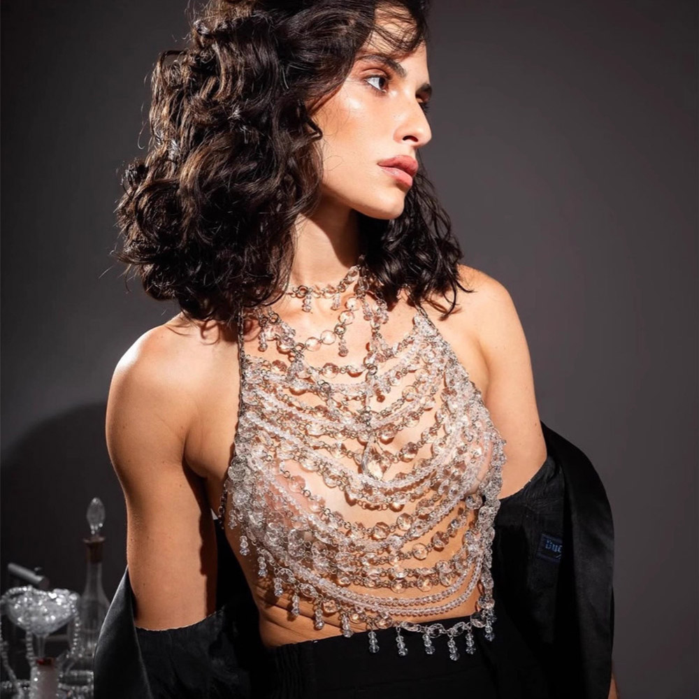 Body Jewelry Vest - เสื้อกล้ามประดับลูกปัดทำมือ จี้คริสตัลใส เสื้อสายเดี่ยวโชว์เกิร์ล บอดี้เชน เบอร์เลสก์ บราเล็ตต์