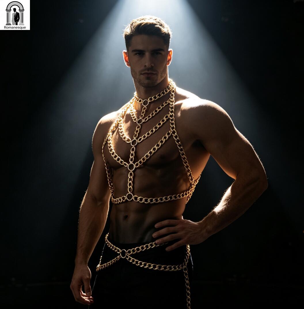 Body Jewelry Vest - ชุดบอดี้ฮาร์เนสโซ่หนาสีเงินสำหรับผู้ชาย สายคล้องคอ สายรัดอก ปรับได้ สายรัดเอว เสื้อกั๊กโซ่