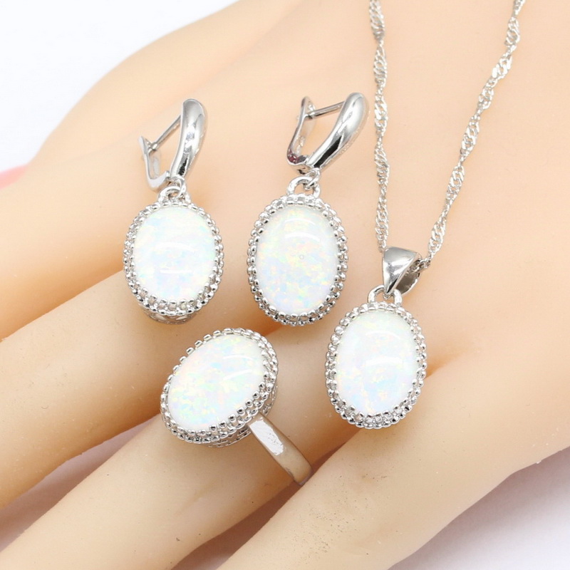 Body Jewelry Australia - ออสเตรเลียหินโอปอลสีขาวเงินชุดเครื่องประดับสําหรับสร้อยคอผู้หญิงจี้ต่างหูแหวนของขวัญฟรีกล่อง