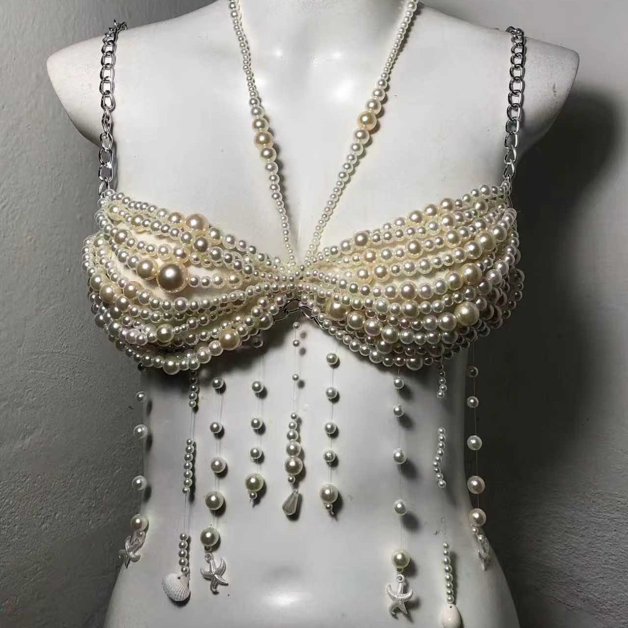 Body Jewelry Vest - เสื้อครอปคอร์เซ็ทประดับโซ่สำหรับผู้หญิงช่วงฤดูร้อน ตกแต่งด้วยไข่มุก พู่ห้อย เครื่องประดับร่างกาย สง่างาม เหมาะสำหรับใส่ไปเที่ยวคลับ