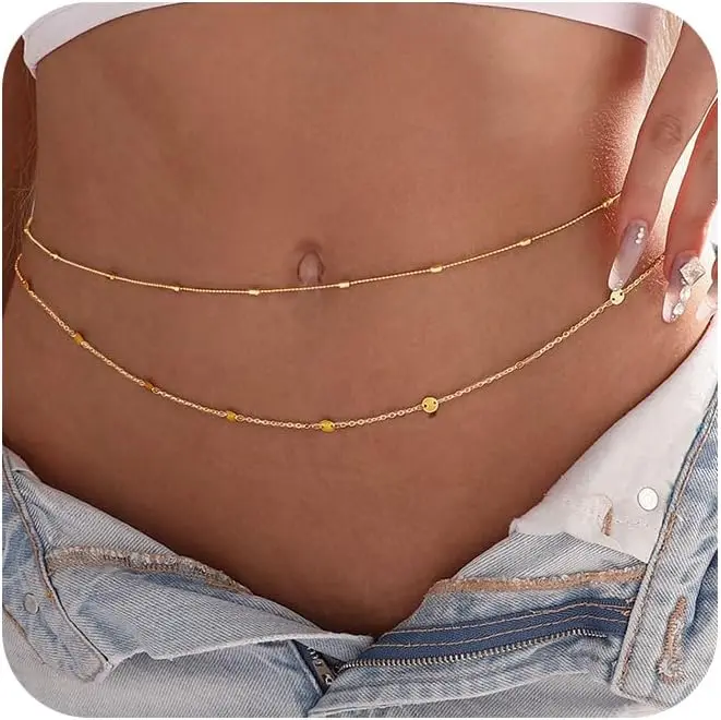 Body Jewelry Waterproof - สร้อยคอประดับตัวผู้หญิงแบบกันน้ำ ชุบทอง 18K สร้อยคาดเอวแบบลูกปัดสีทอง สายคาดเอวแบบปรับได้ เครื่องประดับชายหาดสำหรับใส่กับชุดบิกินี่สุดเซ็กซี่