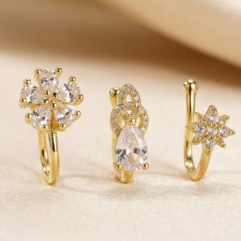 Body Jewelry Materials - ชุดคลิปหนีบจมูกสไตล์ฝรั่งเศส 3 ชิ้น ดีไซน์เรียบง่ายและใช้งานได้หลากหลาย วัสดุทองแดงฝังเพชรซิร์คอนเทียม ของขวัญวันหยุด