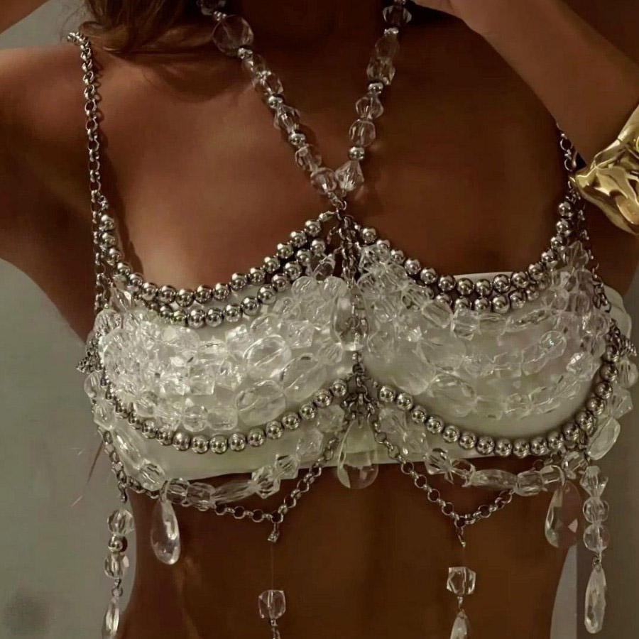 Body Jewelry Vest - 2025 Handmade Music FestivalชุดBraletteโซ่ดูผ่านPearlเสื้อกั๊กเครื่องประดับBody Harness CoquetteคริสตัลHalter