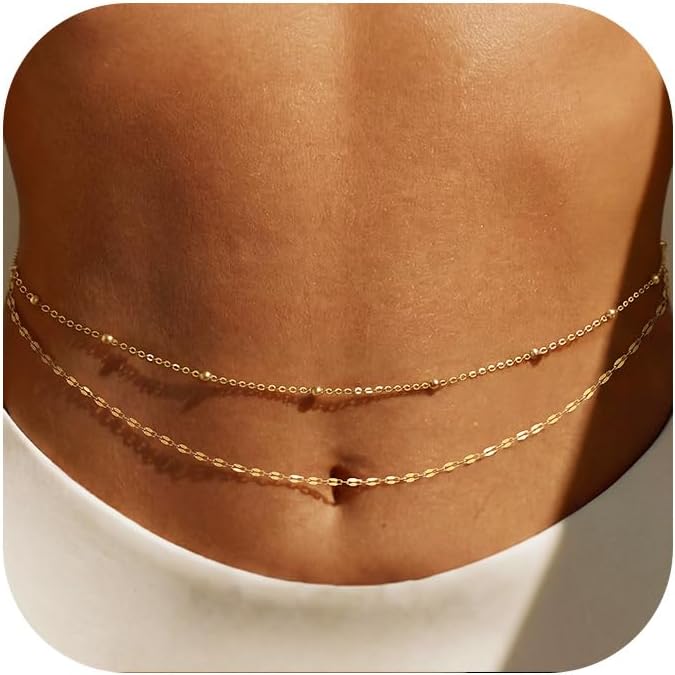 Body Jewelry Waterproof - โซ่คาดเอวชุบทอง 14K สำหรับผู้หญิง แบบหลายชั้น ประดับลูกปัดทอง สายคาดเอวแบบโซ่