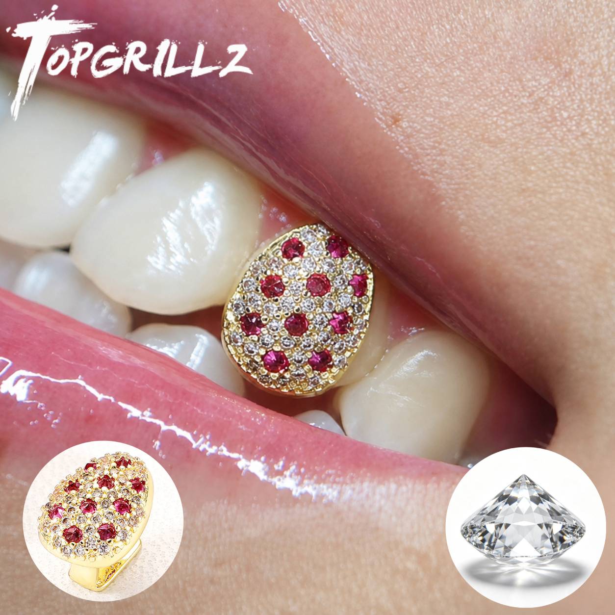 Body Jewelry Men - ท็อปกริลล์ซ ท็อปกริลล์ซแบบผสมสีชมพูและใส ประดับเพชร CZ รูปทรงวงรี สำหรับฟันเดี่ยว