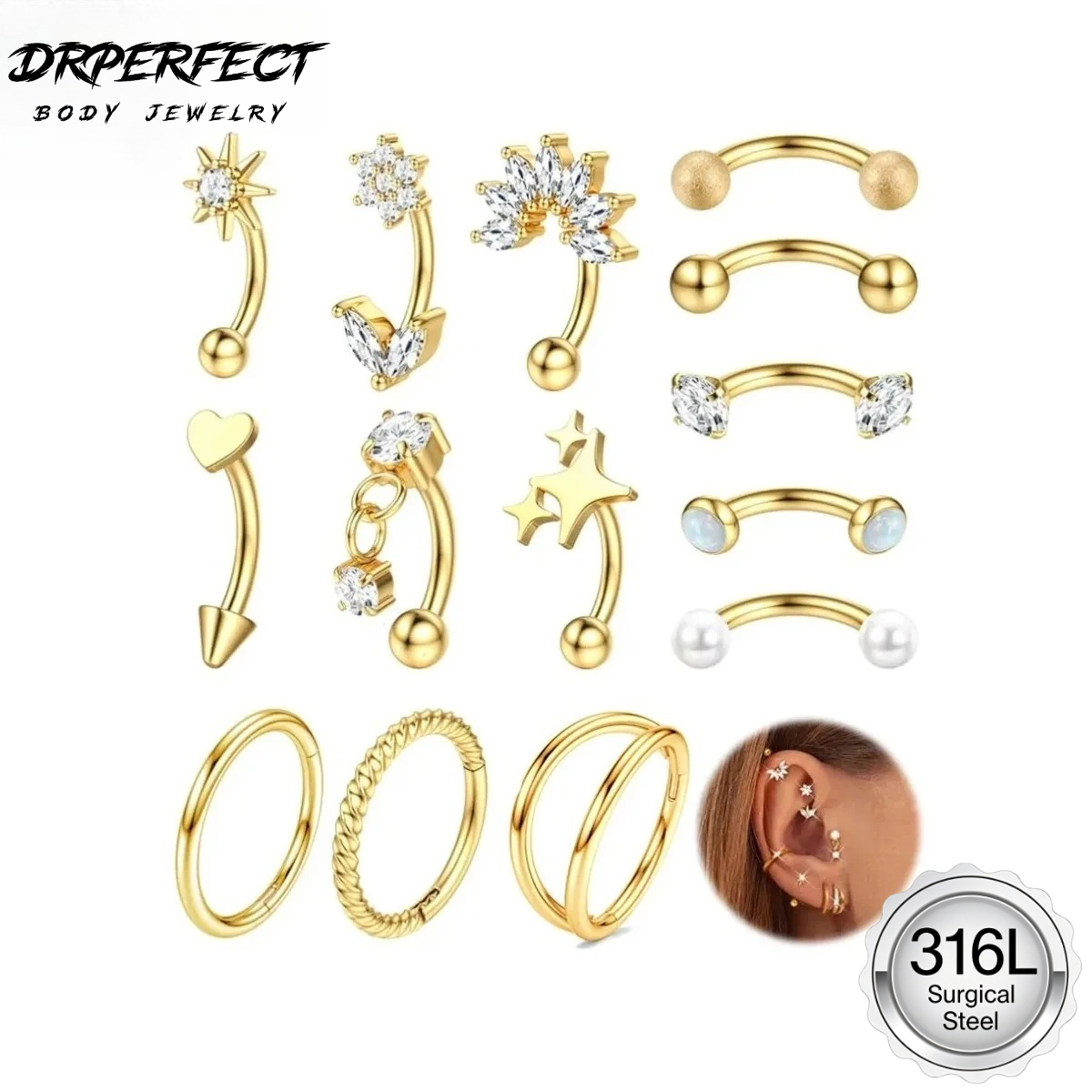 เครื่องประดับเจาะคิ้ว Drperfec - Rook Curved Barbell บทวิจารณ์และราคา